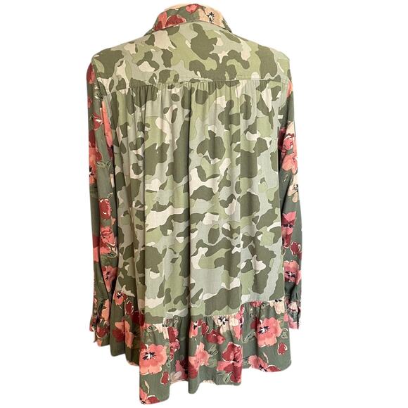 Cato Camouflage Floral Boho Button Up Top Sz 14/16W Ruffled Feminine Fall Casual - Picture 4 of 9